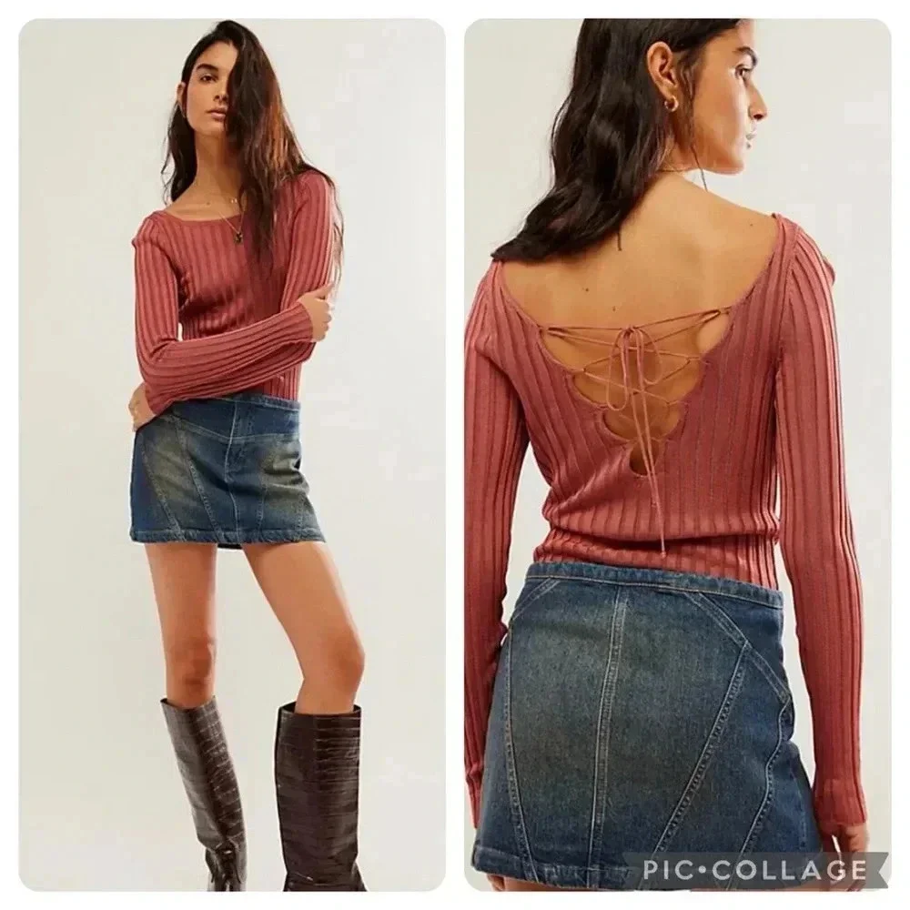NWT new Free People LARGE Hits Different Lace Up top rusted coral ribbed